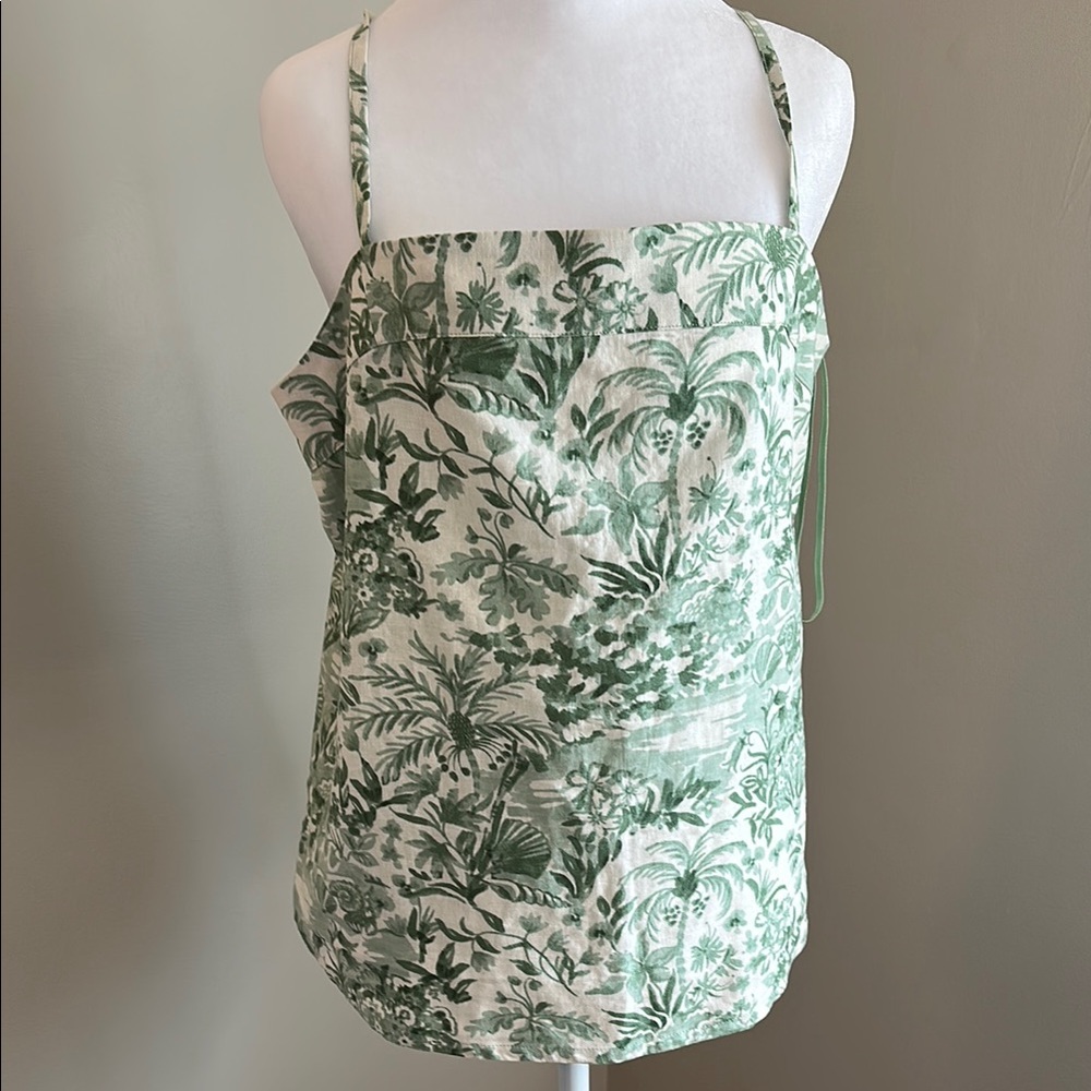 State of Day Tropical Toile Print Green Linen Camisole, Sz M